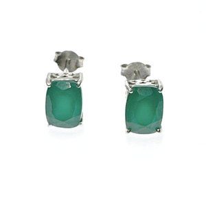 Large Cushion Cut Green Onxy Rhodium Plated Sterling Silver Stud Earrings